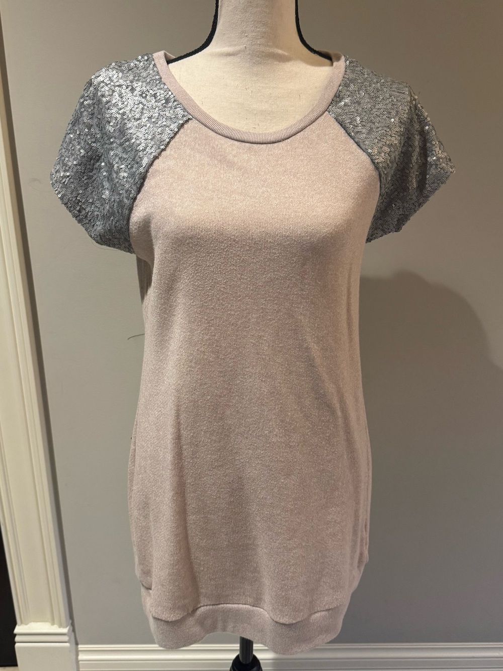 Victoria's Secret Blush Knit Tee with Silver Sequin Raglan Sleeves